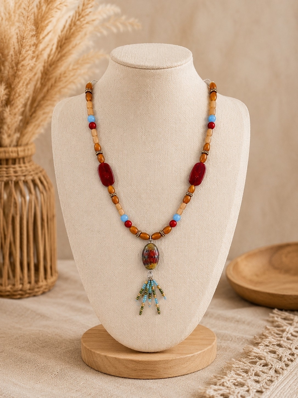 Boho Beaded Necklace for Women | Southwestern Tassel Pendant Statement Necklace